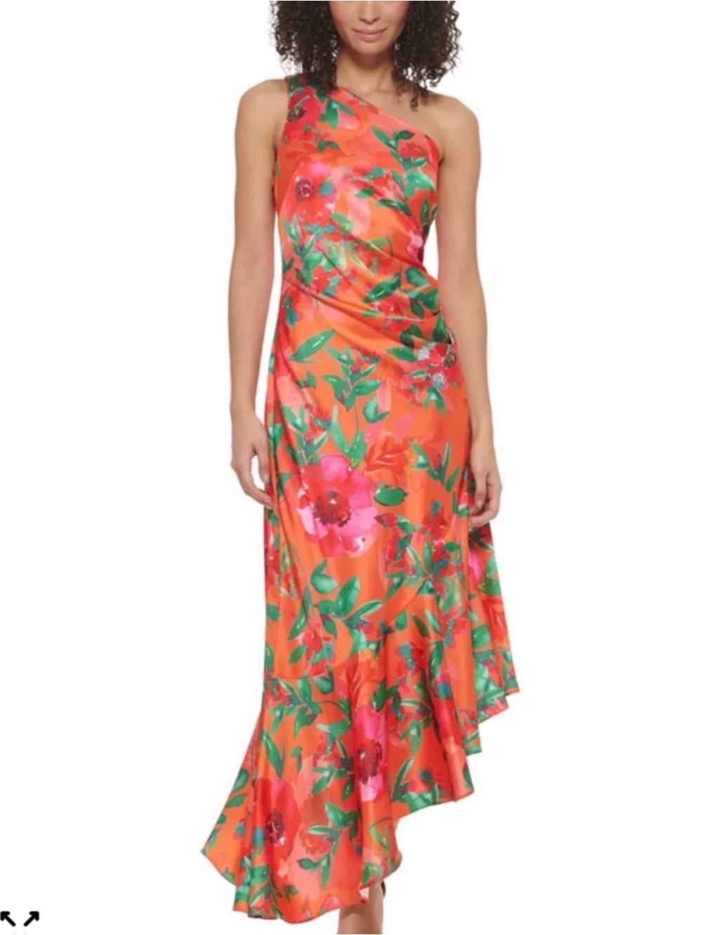 Eliza J One-Shoulder Orange Floral Satin Dress